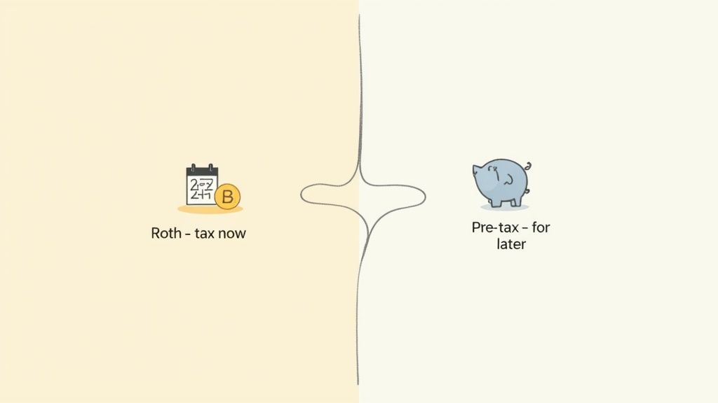 Illustration comparing Roth (tax now with calendar and coin) and Pre-tax (for later with piggy bank) savings.