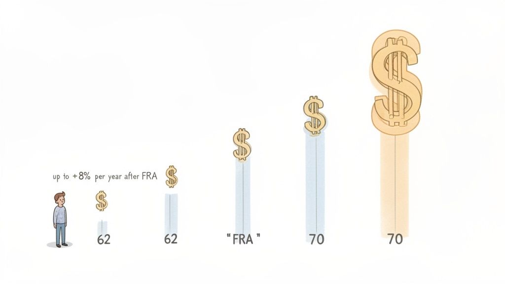 Illustration of Social Security benefits increasing from age 62 to Full Retirement Age (FRA) and age 70.