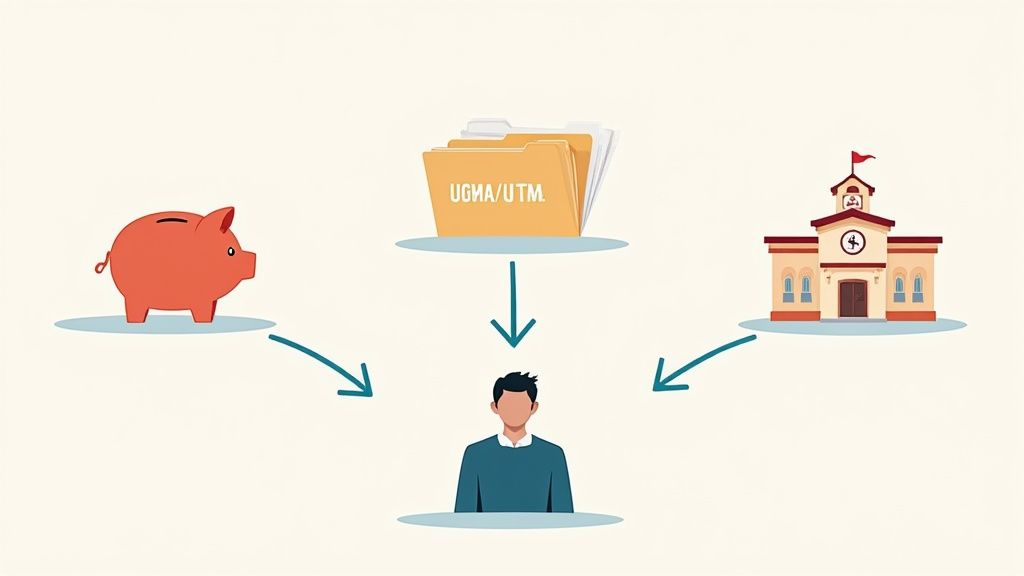 An illustration showing a piggy bank, UGMA/UTM folders, and a school, all pointing to a person.