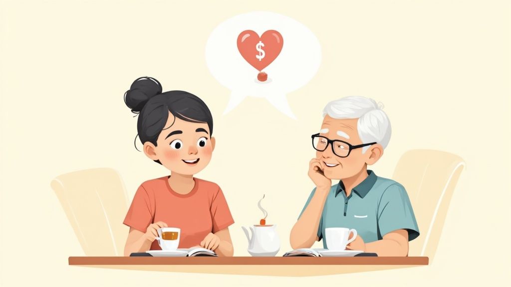 A family having a calm conversation at a kitchen table.
