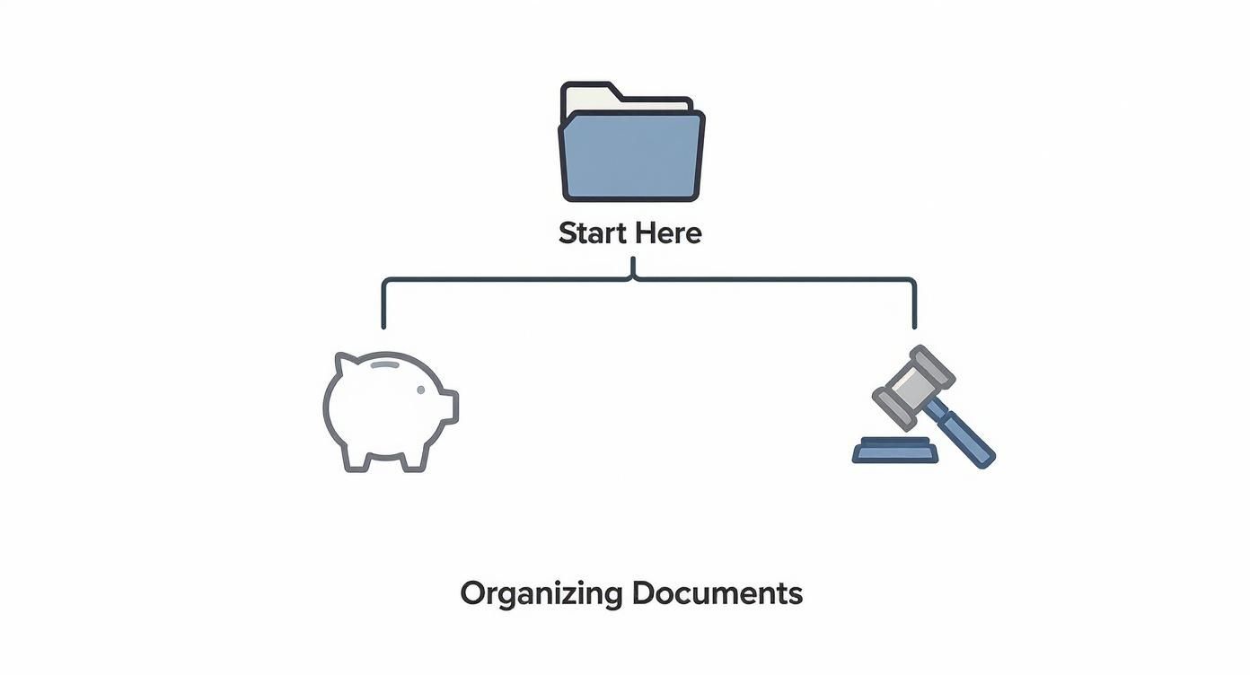 Flowchart for organizing documents: starting point is a folder, leading to financial and legal matters.
