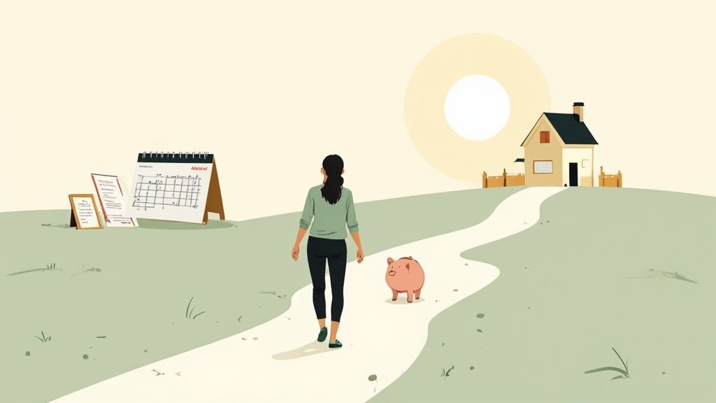 A woman walks on a path with a piggy bank towards a house, symbolizing financial planning and homeownership.