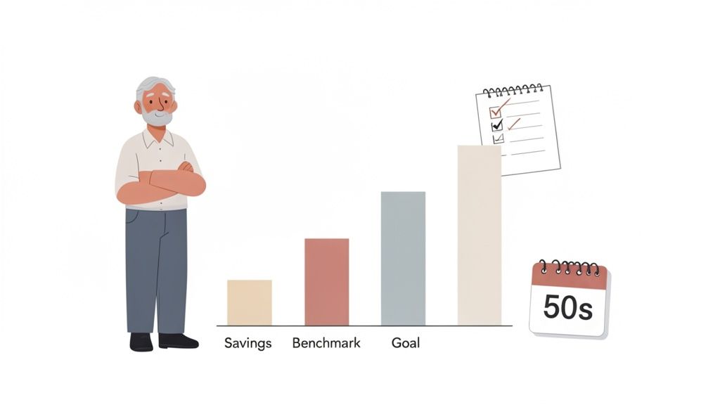 An older man in his 50s reviews his savings compared to a benchmark and retirement goal.