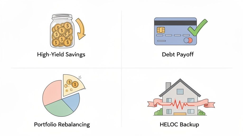 An illustration showing four personal finance strategies: High-Yield Savings, Debt Payoff, Portfolio Rebalancing, and HELOC Backup.