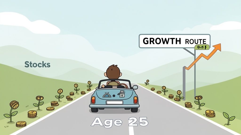 A person driving on 'Growth Route' with coin-plants, 'Stocks' text, and 'Age 25' on the road, illustrating investment.
