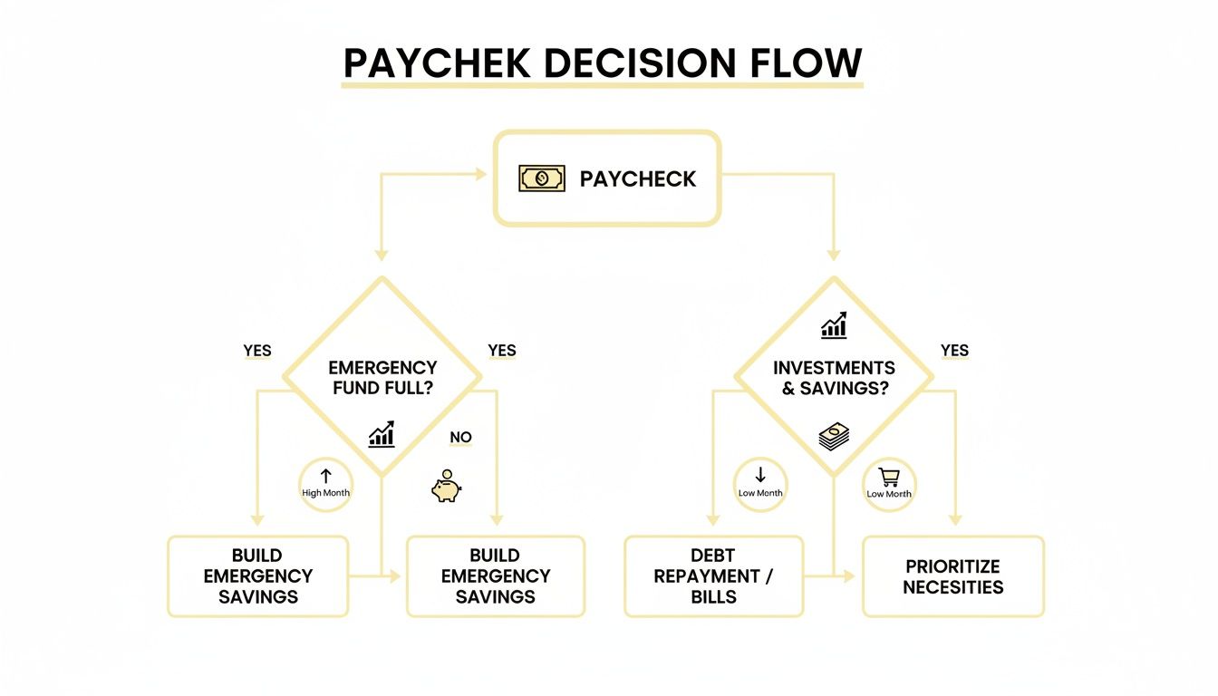 A financial decision flow chart illustrating how to allocate a paycheck based on emergency funds, investments, and expenses.
