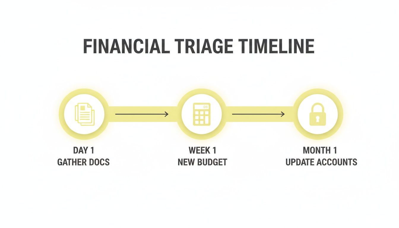 A financial triage timeline visual showing steps: gather documents, create a new budget, and update accounts.