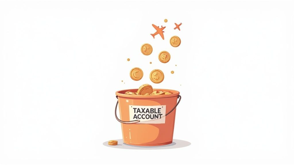 Golden coins and small airplanes falling into an orange bucket labeled 'Taxable Account'.