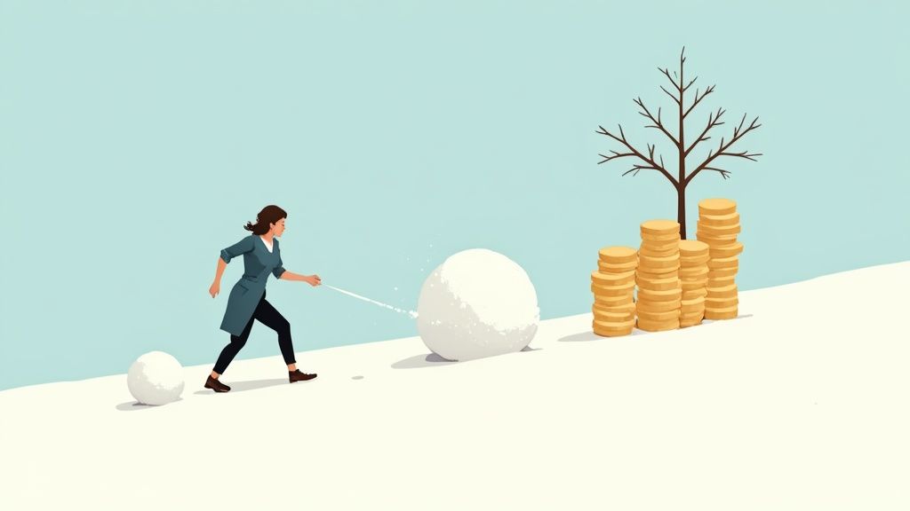 Businesswoman rolling snowball uphill toward stacks of coins representing wealth accumulation and financial growth