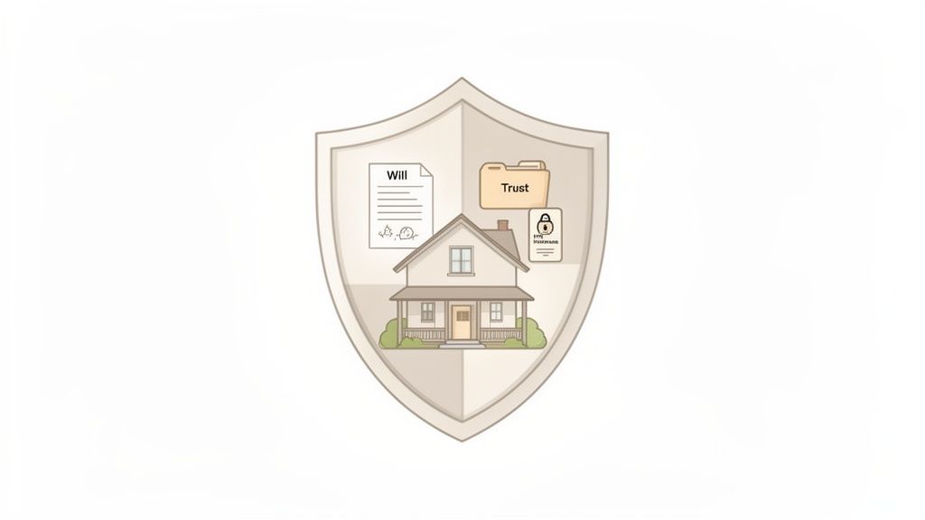 A shield protecting a house, a will, a trust, and life insurance documents, representing comprehensive estate planning.