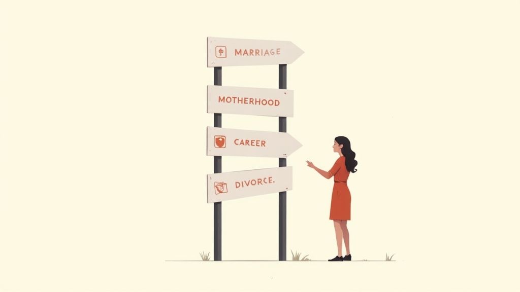 A woman at a crossroads, looking thoughtfully at two different paths, symbolizing life's major decisions and transitions.
