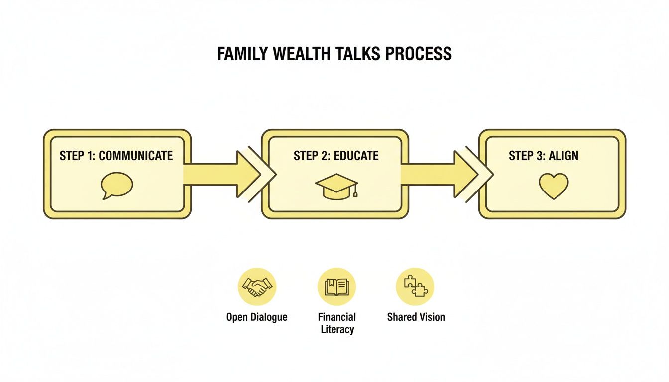 Flowchart detailing the Family Wealth Talks Process steps: Communicate, Educate, Align, each with a relevant icon.