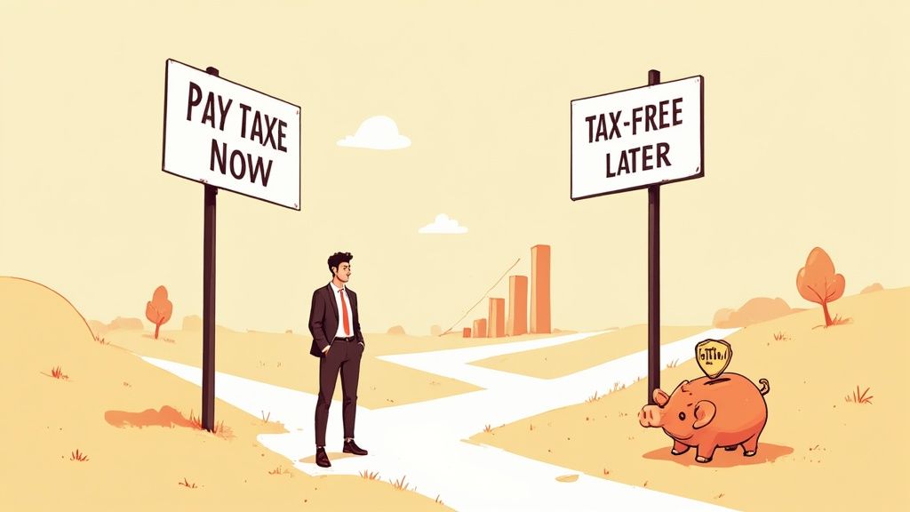 A man stands at a crossroads, choosing between signs for 'PAY TAXE NOW' and 'TAX-FREE LATER'.