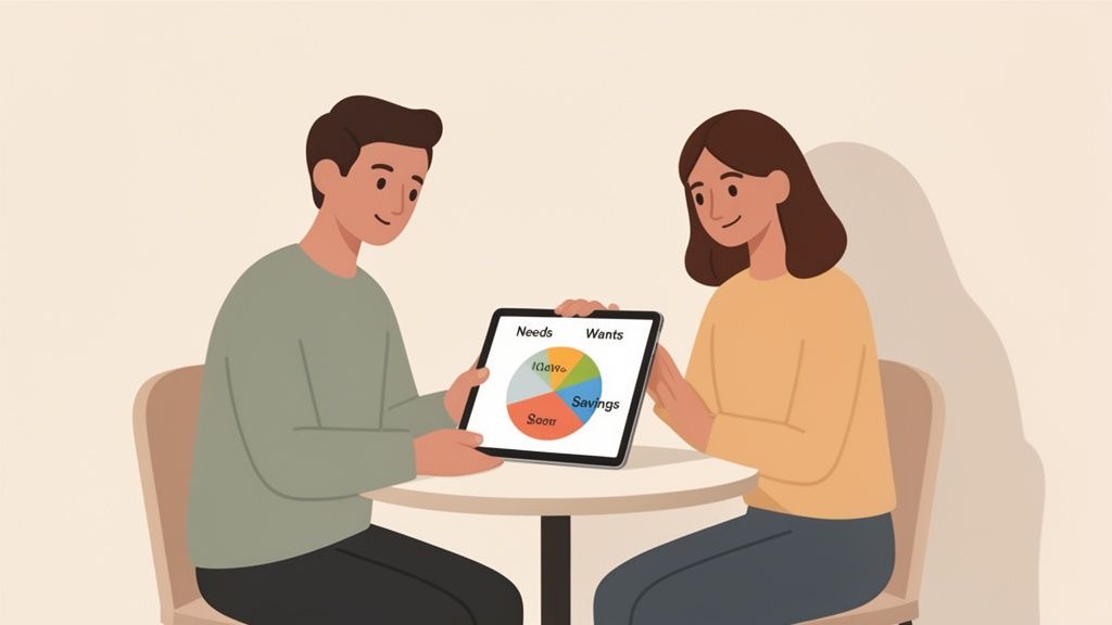 A couple sits at a table, reviewing a financial pie chart on a tablet about needs, wants, and savings.