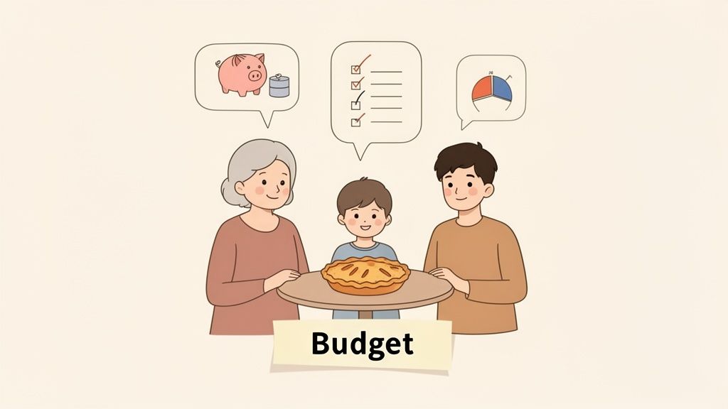 A family of three (grandparent, parent, child) discusses budgeting, represented by a pie, piggy bank, checklist, and pie chart, with a 'Budget' banner.