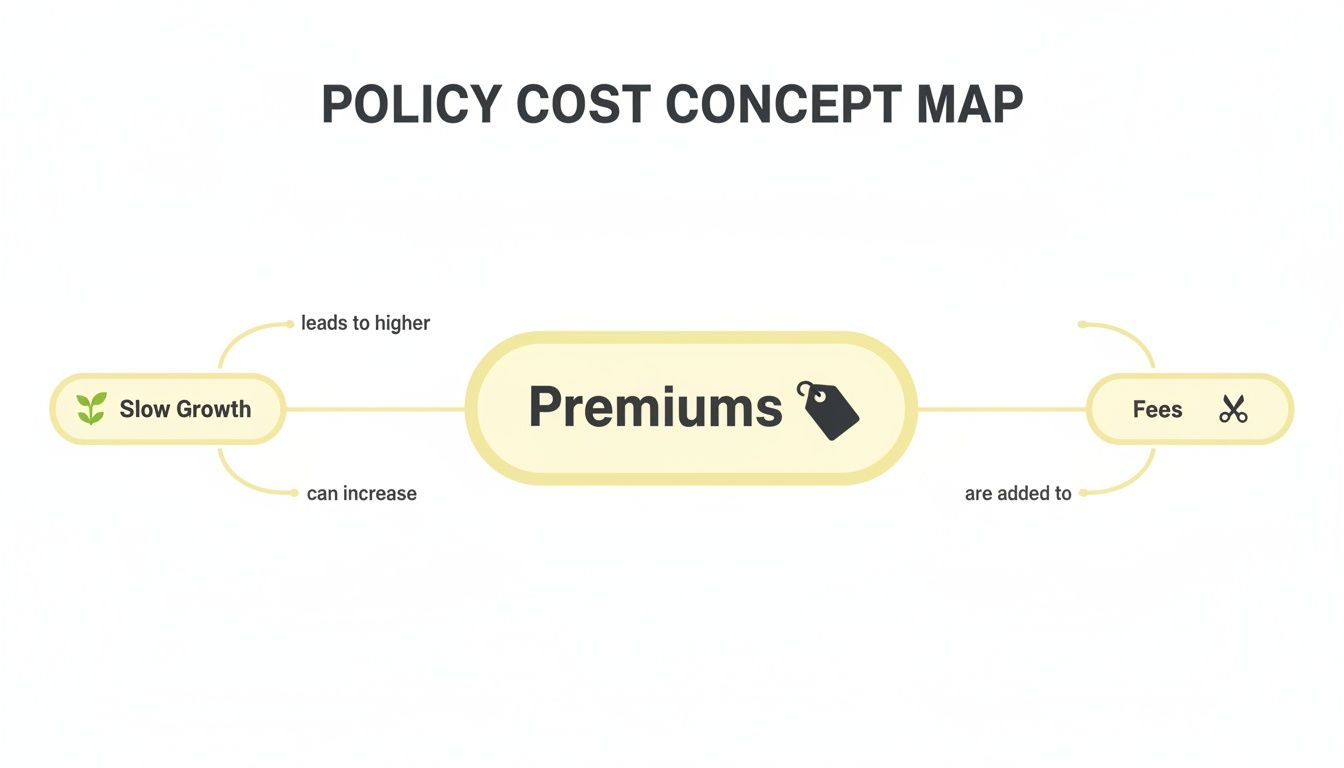 A policy cost concept map illustrating how slow growth leads to higher premiums, and fees are added to premiums.