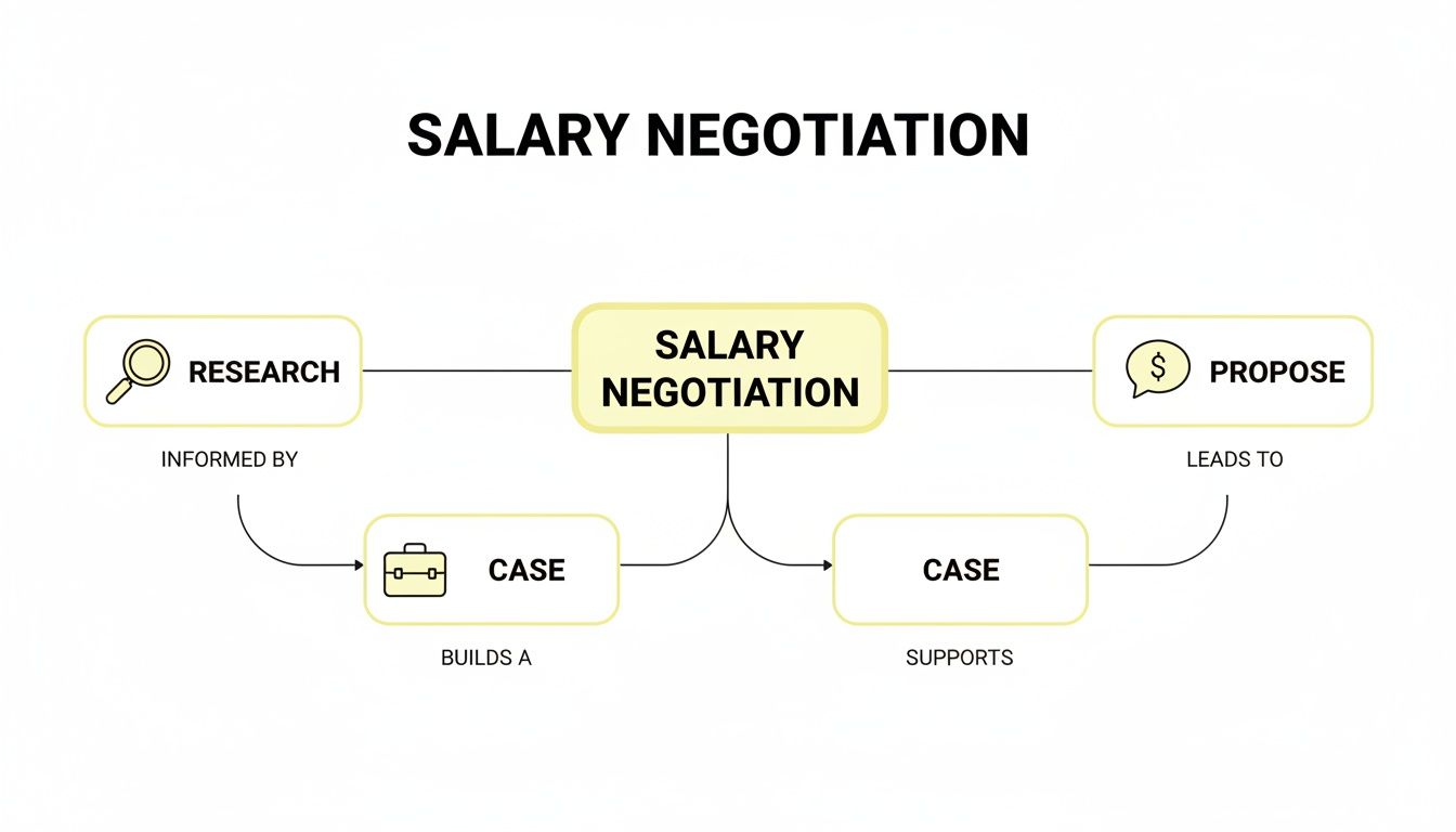 A flowchart illustrates the salary negotiation process, including research, building a case, negotiation, and making a proposal.
