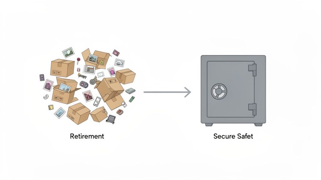 Illustration showing scattered retirement items like photos and boxes being moved into a secure safe.
