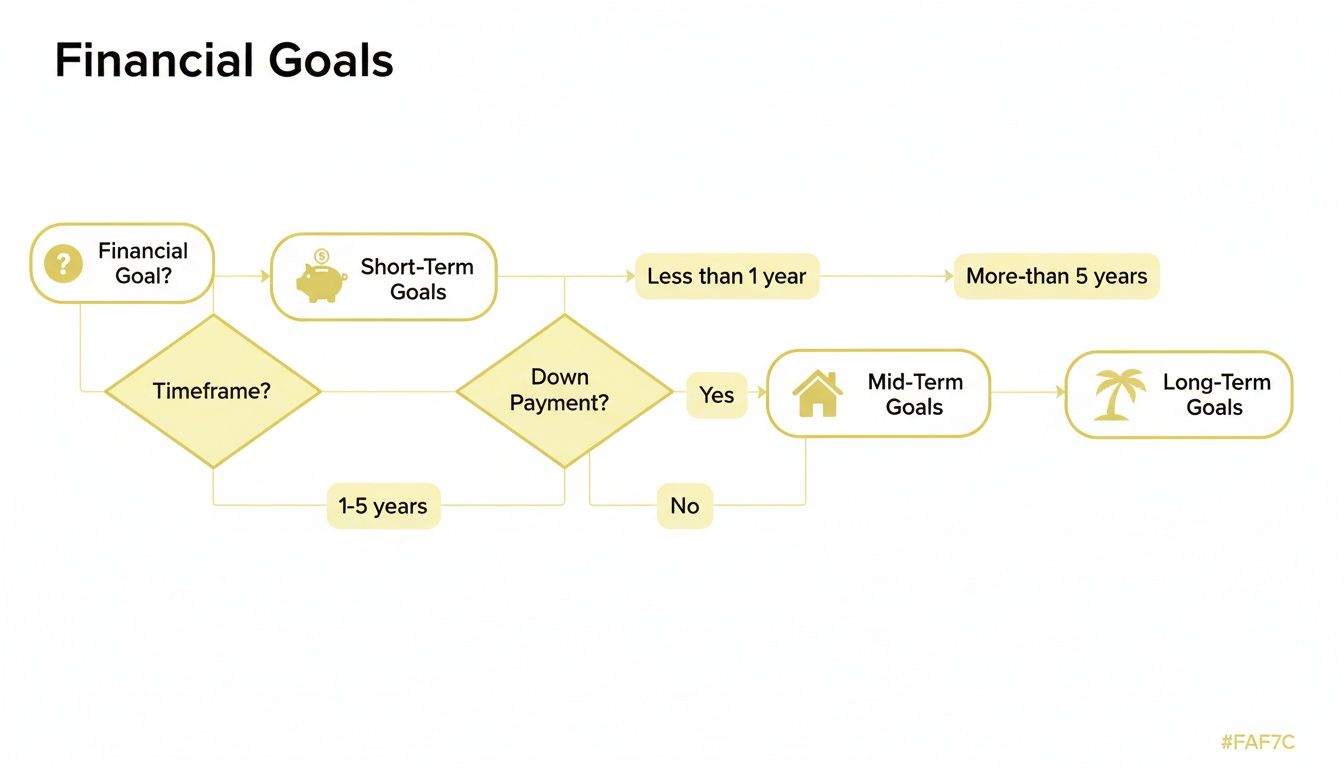 A flowchart categorizes financial goals into short-term, mid-term, and long-term based on timeframe and down payment consideration.