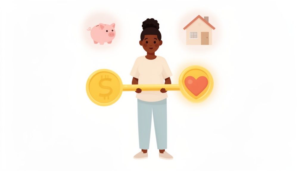 An illustration of a woman balancing money (dollar coin, piggy bank, house) with personal values (heart coin).