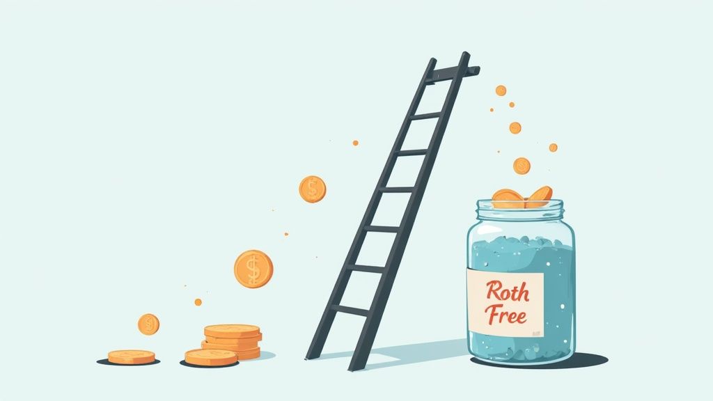 A visual of financial growth with increasing coin stacks, a ladder, and a Roth Free savings jar.