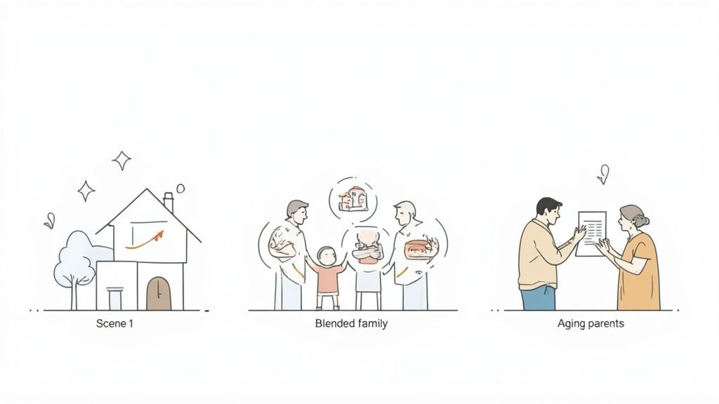 Illustrations showing a growing house, a blended family, and adult children helping aging parents.