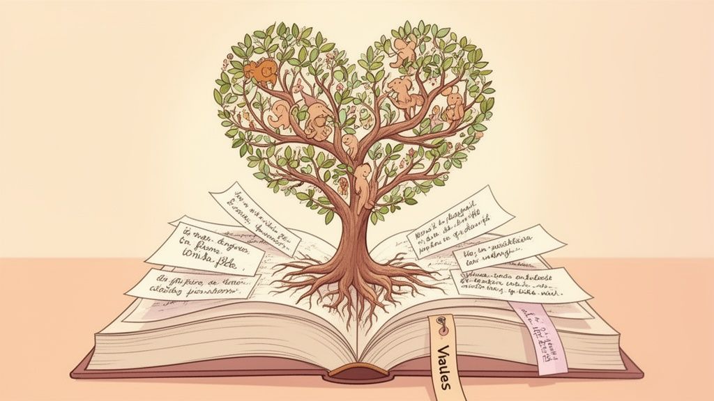 A heart-shaped tree with small creatures grows from an open book with handwritten notes, symbolizing family legacy and stories.