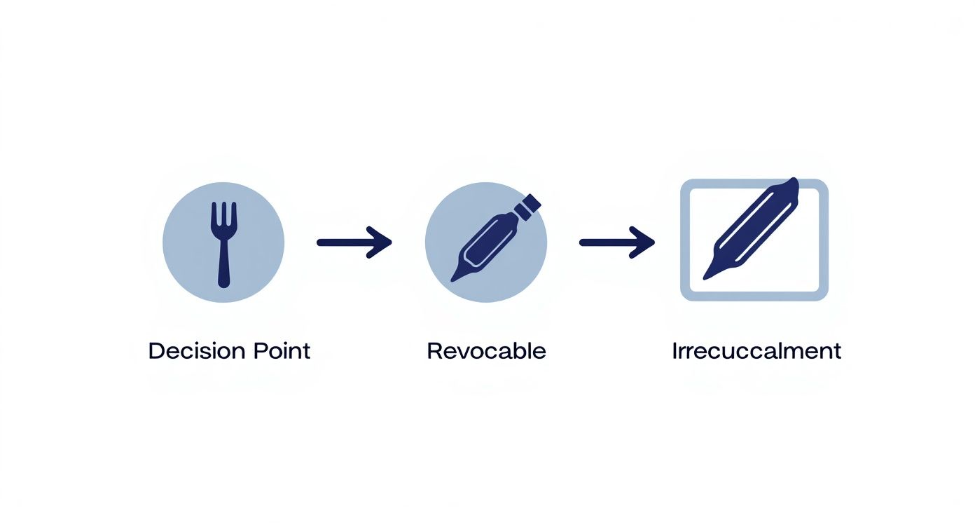 Infographic showing the process flow of choosing between a revocable trust, represented by a pencil, and an irrevocable trust, represented by a permanent ink pen.