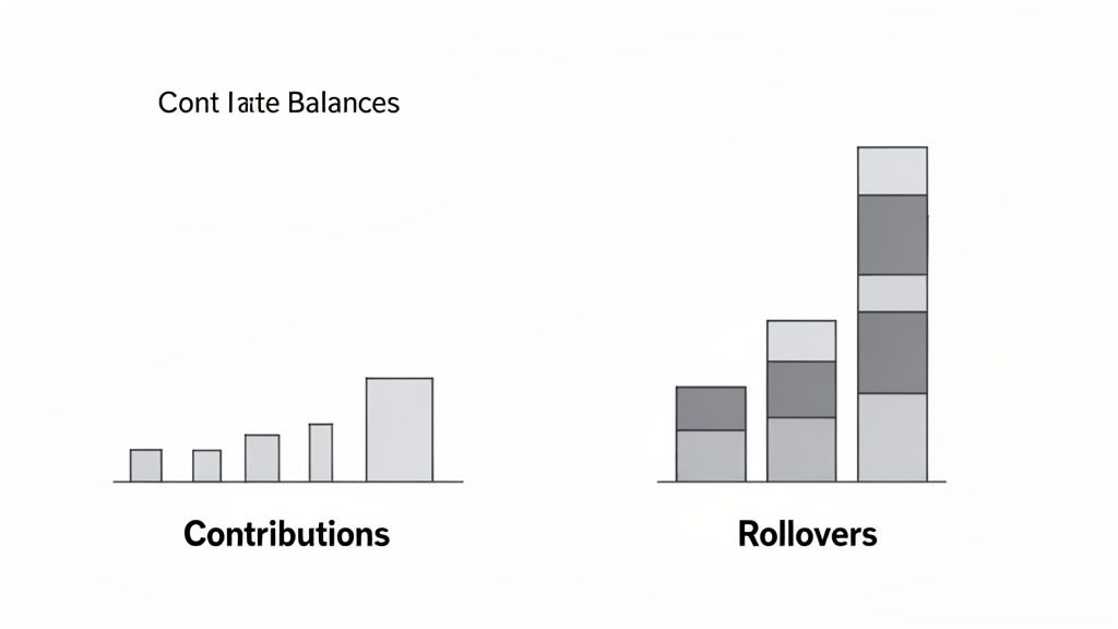 Stacked bar charts comparing financial contributions and rollovers, illustrating increasing balances over time.