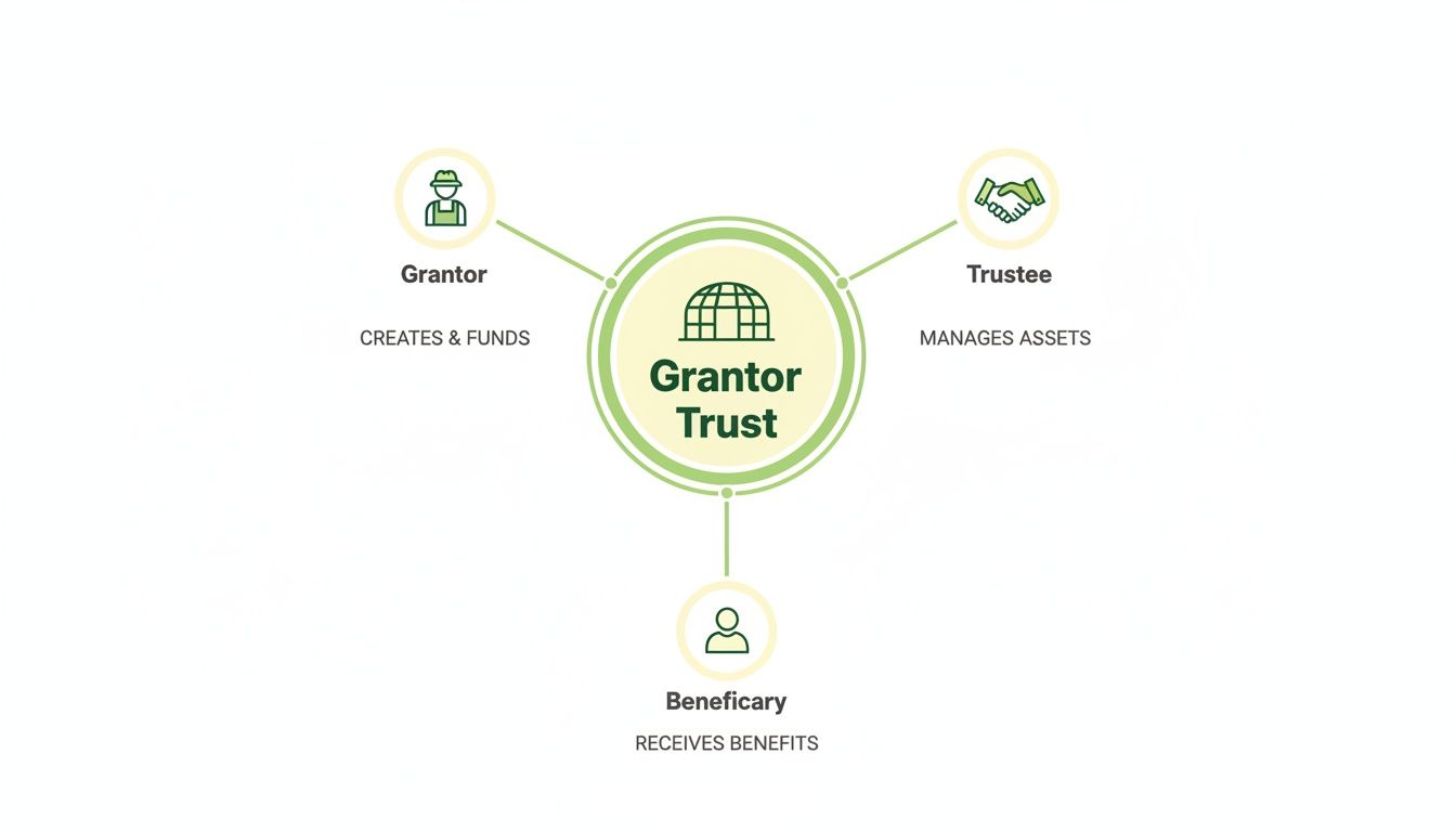 A diagram illustrating the Grantor Trust, showing roles of Grantor, Trustee, and Beneficiary.