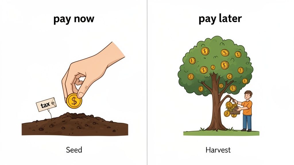 An illustration comparing paying taxes now like planting a seed, versus paying later by harvesting from a money tree.