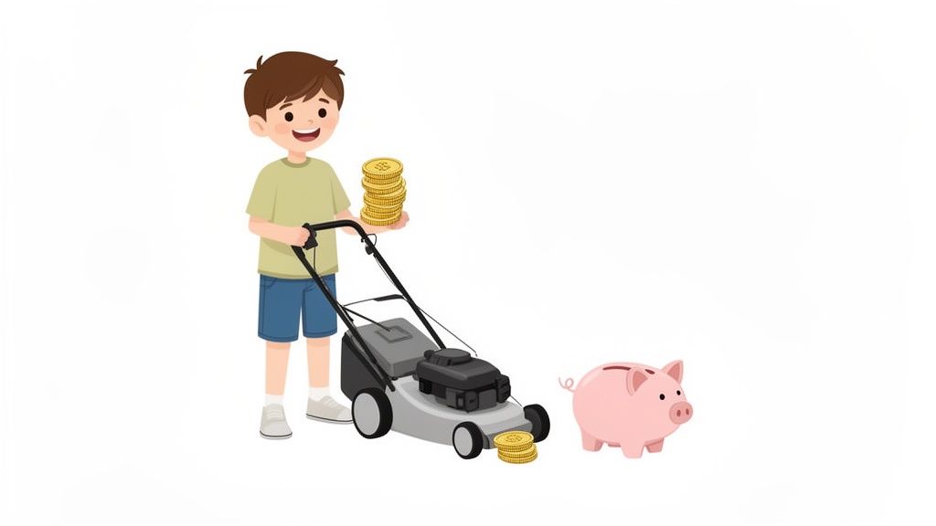 A happy boy holds coins next to a lawnmower and a pink piggy bank, representing saving money.