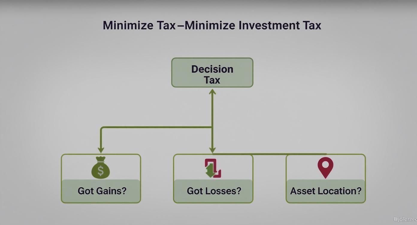 A flowchart detailing tax decisions to minimize investment tax, considering gains, losses, and asset location.