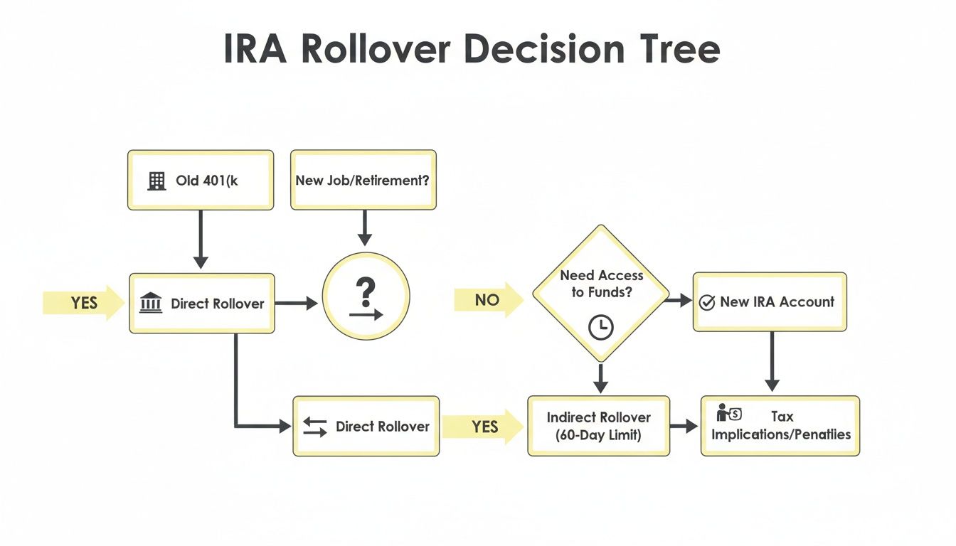 Flowchart illustrating the decision-making process for an IRA rollover, covering direct vs. indirect options and tax implications.