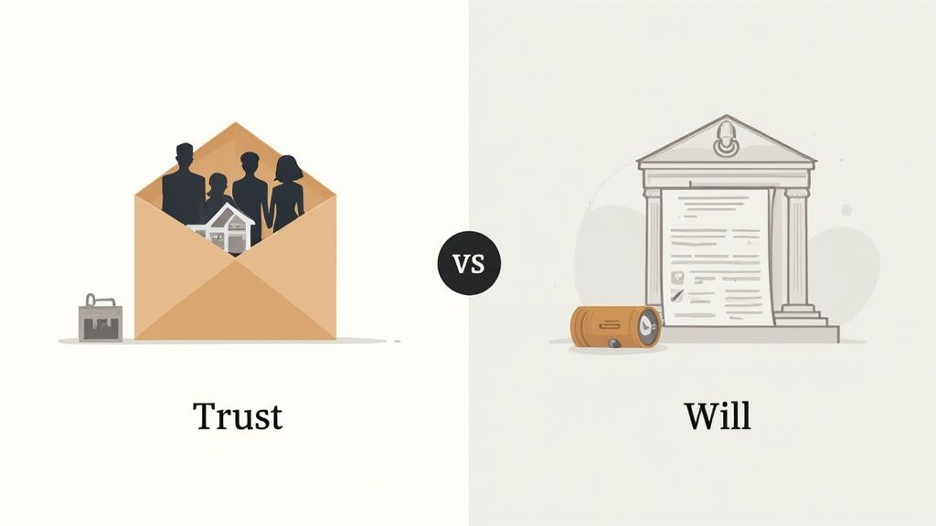 Illustration comparing a trust with a will, showing a family in an envelope vs. a legal document.