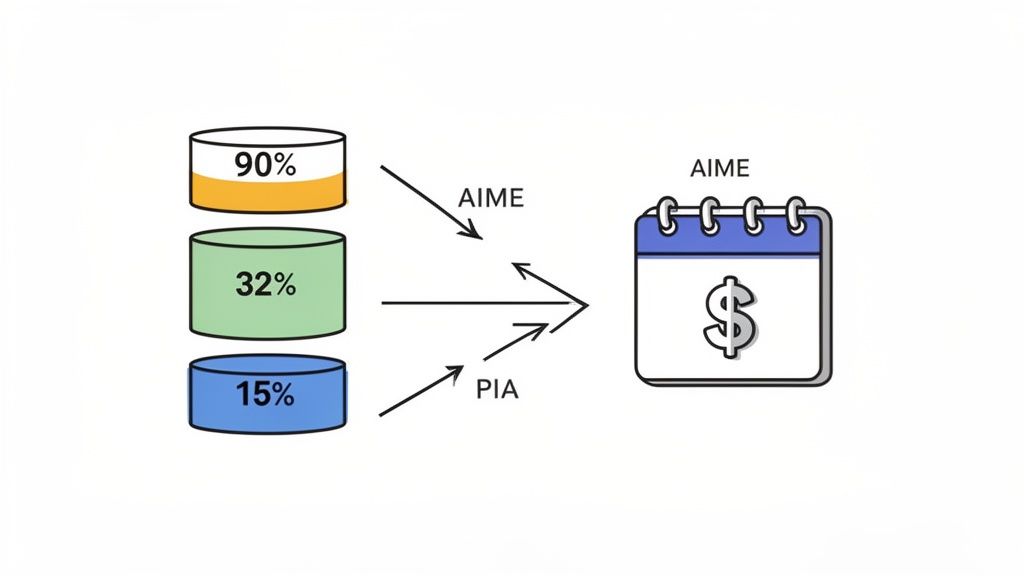 A diagram illustrates Social Security benefit calculation, showing three income levels (90%, 32%, 15%) contributing to AIME and PIA.