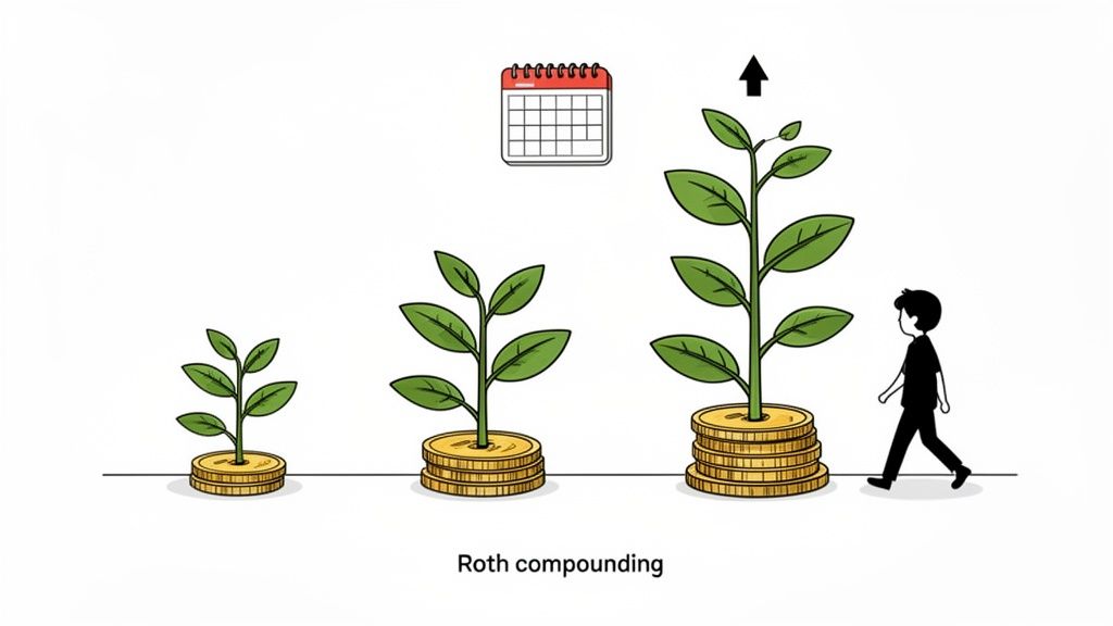 Illustration of plants growing on coin stacks over time, representing Roth compounding and financial growth.