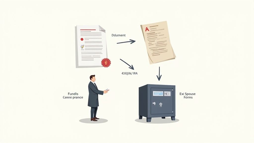Diagram illustrating the process of handling financial documents and retirement funds, leading to a safe for ex-spouse forms.