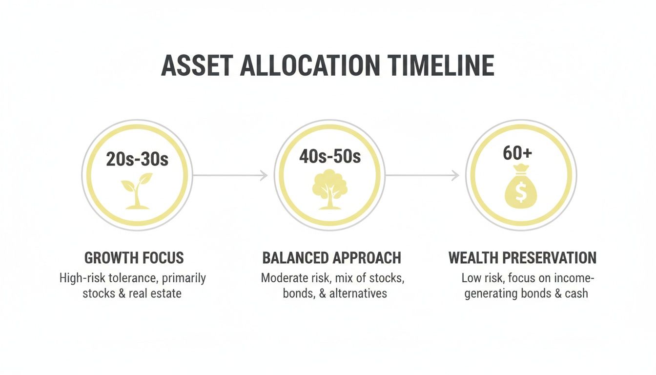 An asset allocation timeline showing recommended investment strategies for different age groups: 20s-30s, 40s-50s, and 60+.