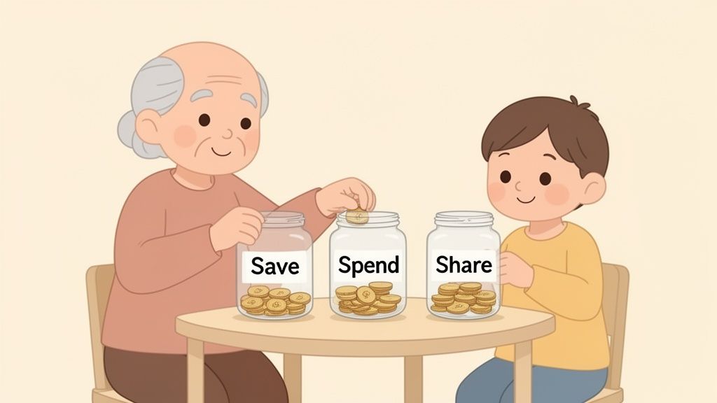 An elder teaches a child to sort coins into 'Save,' 'Spend,' and 'Share' jars, demonstrating money management.