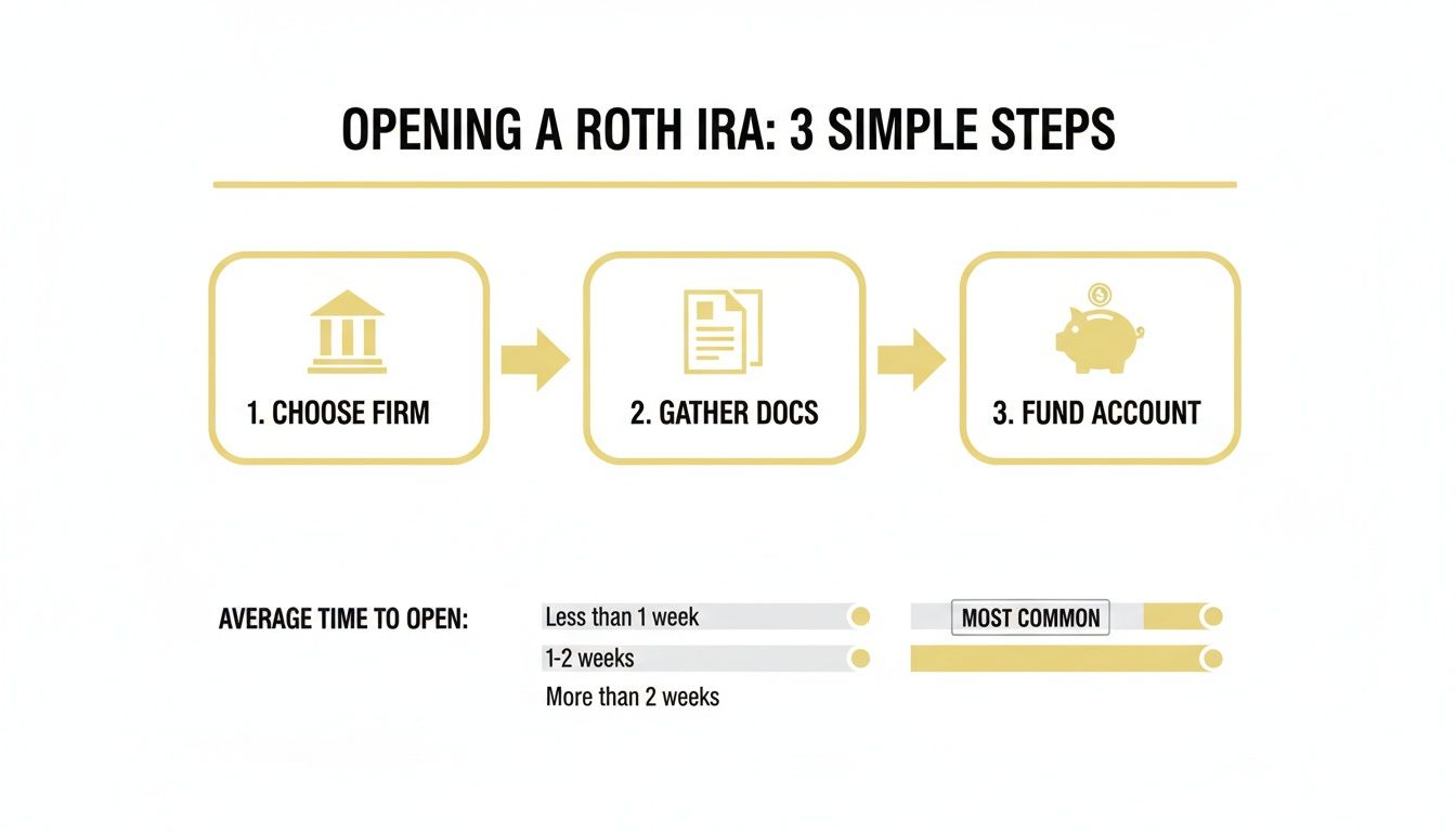 An infographic illustrating the 3 simple steps to open a Roth IRA and the average time it takes.