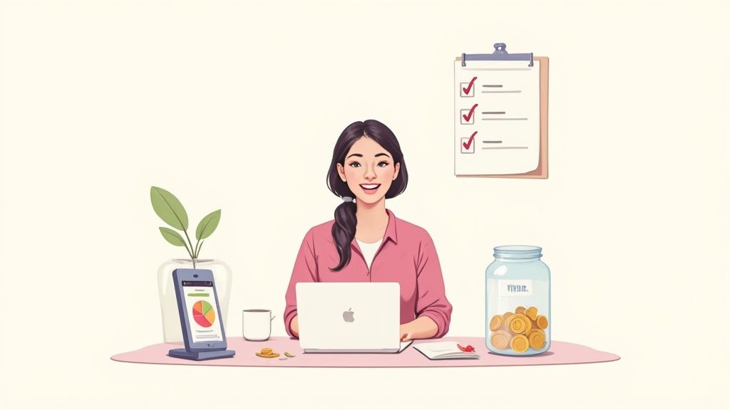 A smiling woman works on a laptop at a desk with financial tools like a phone, coins, and a checklist.