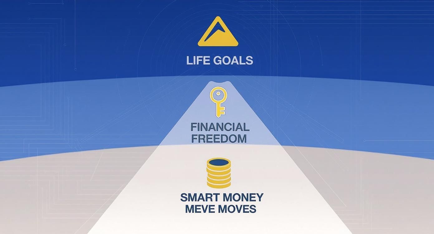 Diagram showing life goals achieved through financial freedom, built on smart money moves, with icons.
