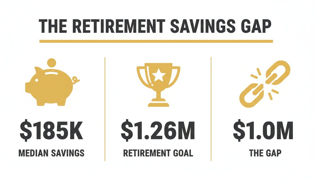 Infographic illustrating the retirement savings gap with median savings, retirement goal, and the million-dollar difference.
