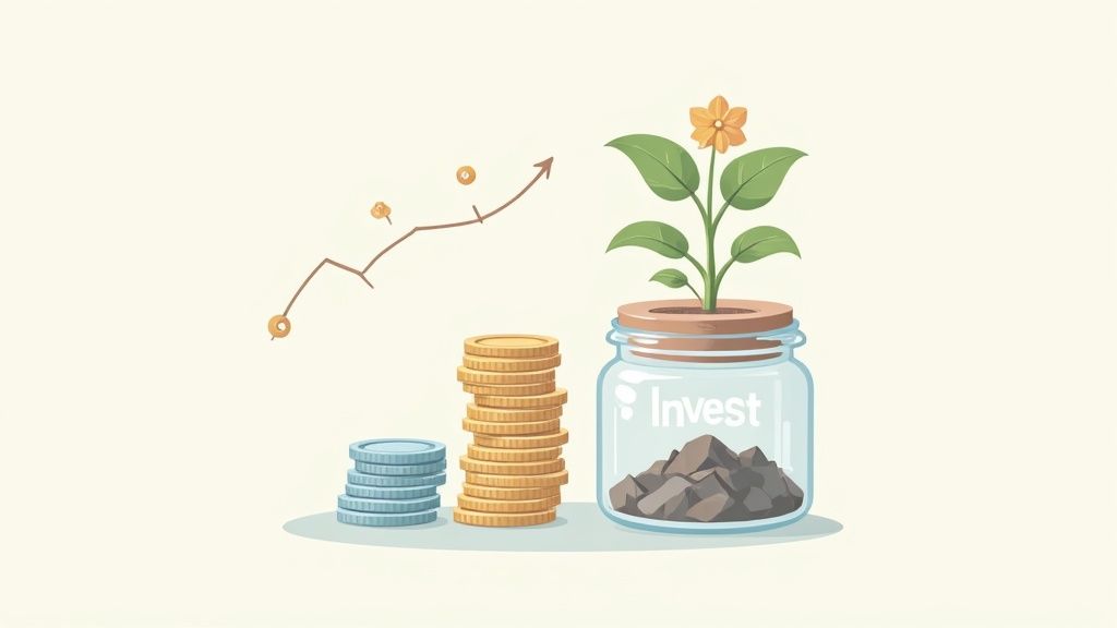 Illustration of financial growth with increasing coins, money stacks, and a plant growing from an 'Invest' jar.