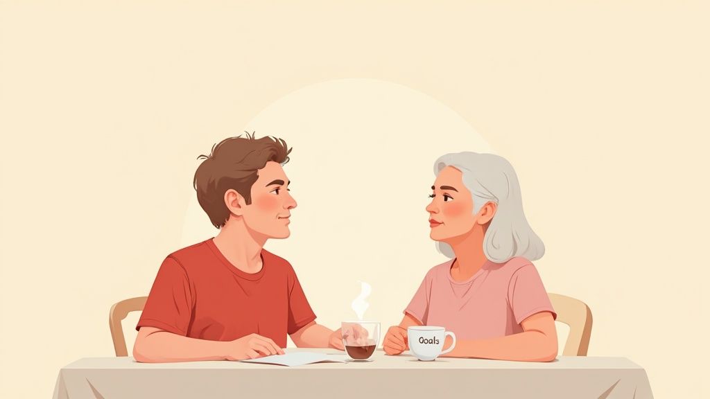 A young man and an older woman sit at a table, facing each other and talking, with drinks.