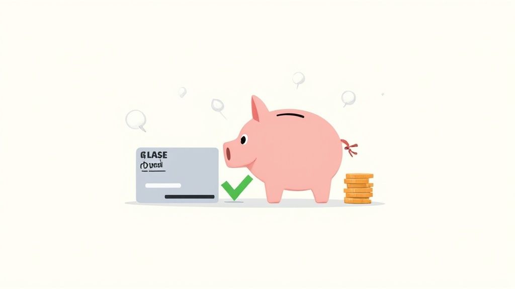An illustration of a pink piggy bank, a credit card, a green checkmark, and a stack of coins, symbolizing successful savings.