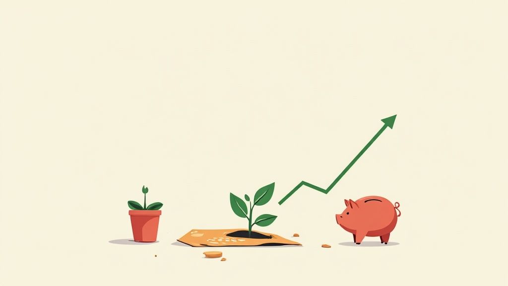 Illustration of financial growth and investment with plants, a piggy bank, and an upward trend line.