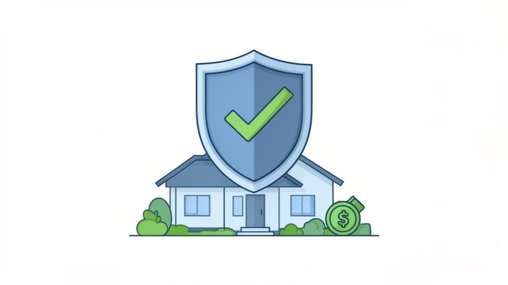 Illustration of a house with a protective shield and dollar coin, symbolizing home security and financial safety.