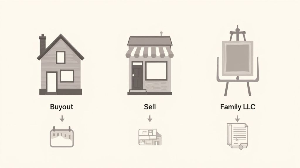 Illustrative icons showing options for handling inherited assets: buyout for a house, selling a business, or a family LLC for art.